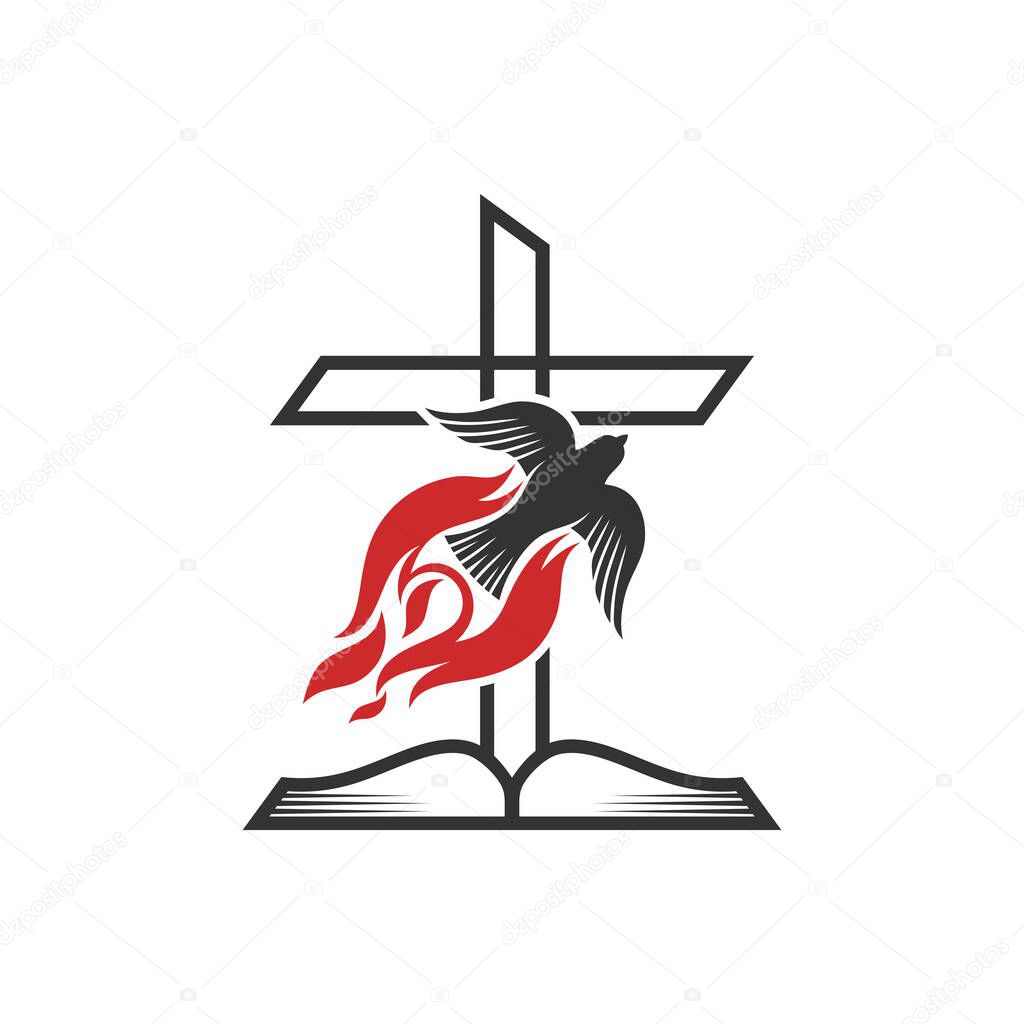 Christian illustration. Church logo. The cross of the Lord Jesus Christ, a dove in flame - as a symbol of the Holy Spirit of God, and an open Bible.