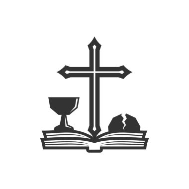 Christian illustration. Church logo. The cross of Jesus Christ, the holy bowl and bread, is based on the Bible.