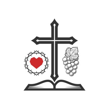 Christian illustration. Church logo. The cross of Jesus Christ, a heart framed with a crown of thorns, a vine and a bible.