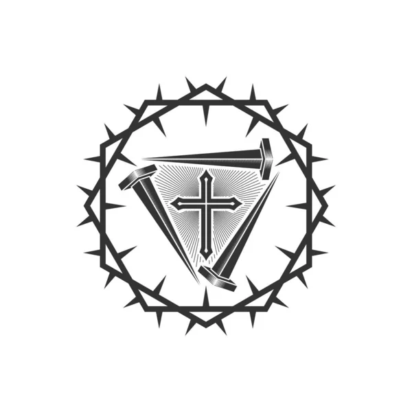 Христианская Иллюстрация Логотип Церкви Крест Иисуса Гвозди Распятия Обрамлены Терновым — стоковый вектор