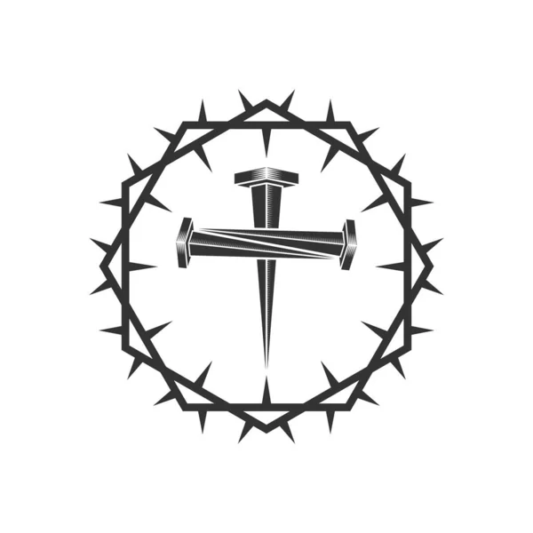 Christian Illustration Church Logo Cross Formed Nails Crucifixion Framed Crown — Stok Vektör