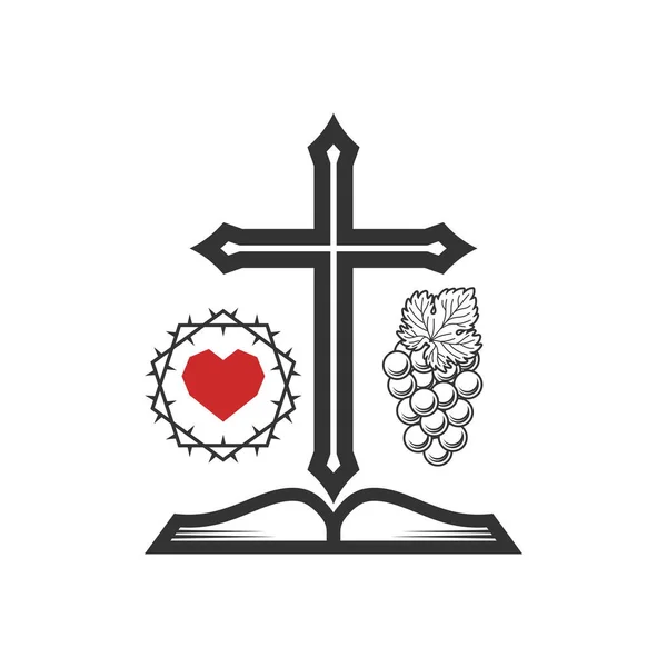 Christliche Illustration Kirchenlogo Jesuskreuz Herz Mit Dornenkrone Weinstock Und Bibel — Stockvektor