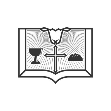 Christian illustration. Church logo. Lamb of God who shed blood for the sins of people. Symbols of the sacrament and scripture.