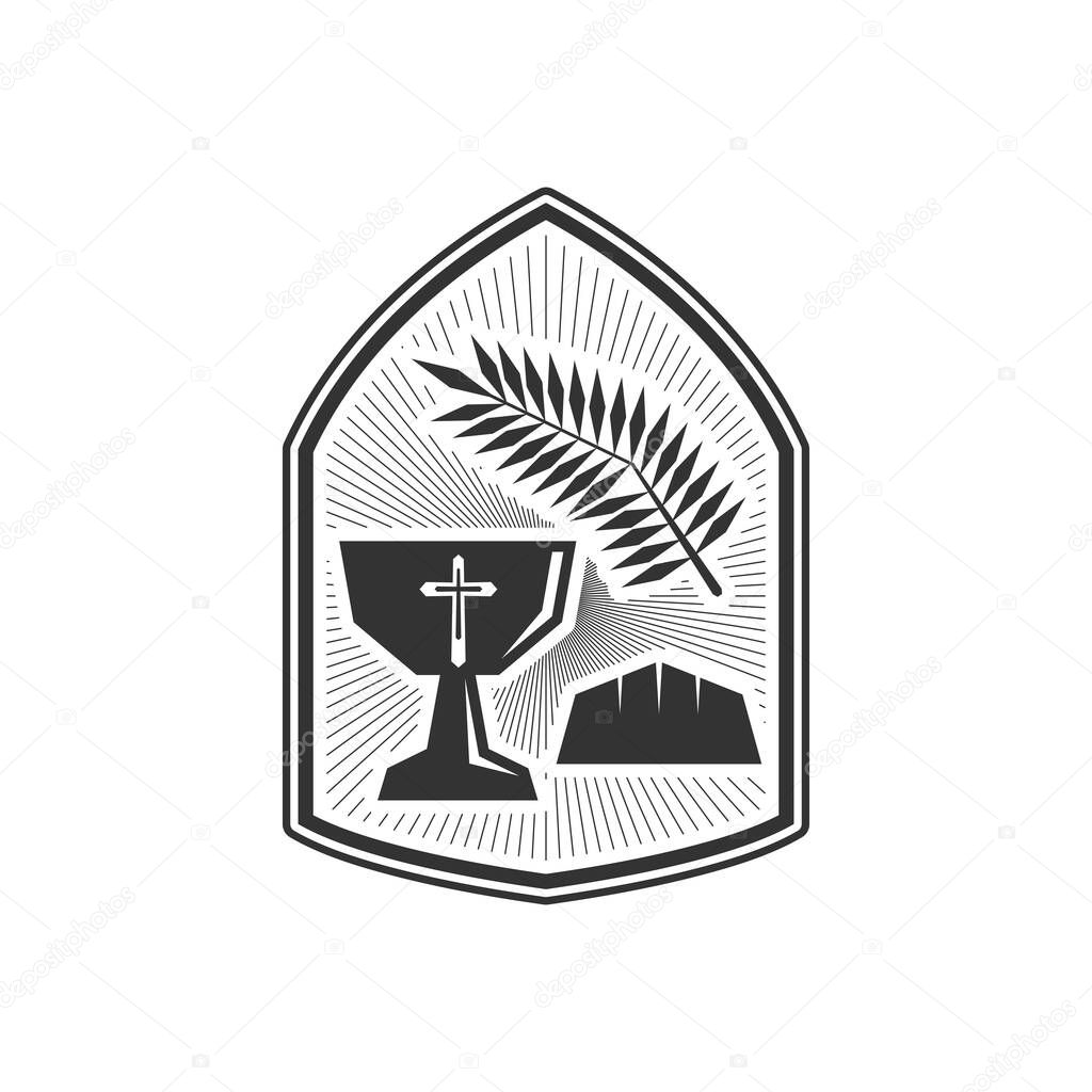 Christian illustration. Church logo. Chalice of Christ and bread.