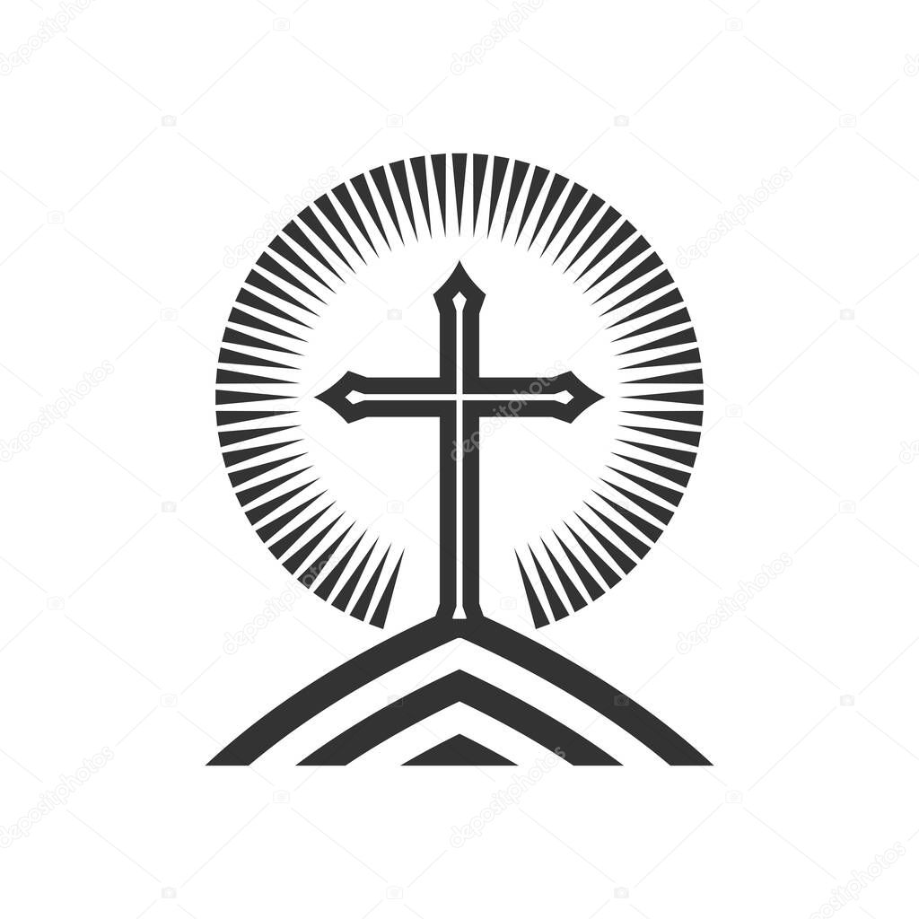 Christian illustration. Church logo. Cross of Jesus Christ on the mountain.