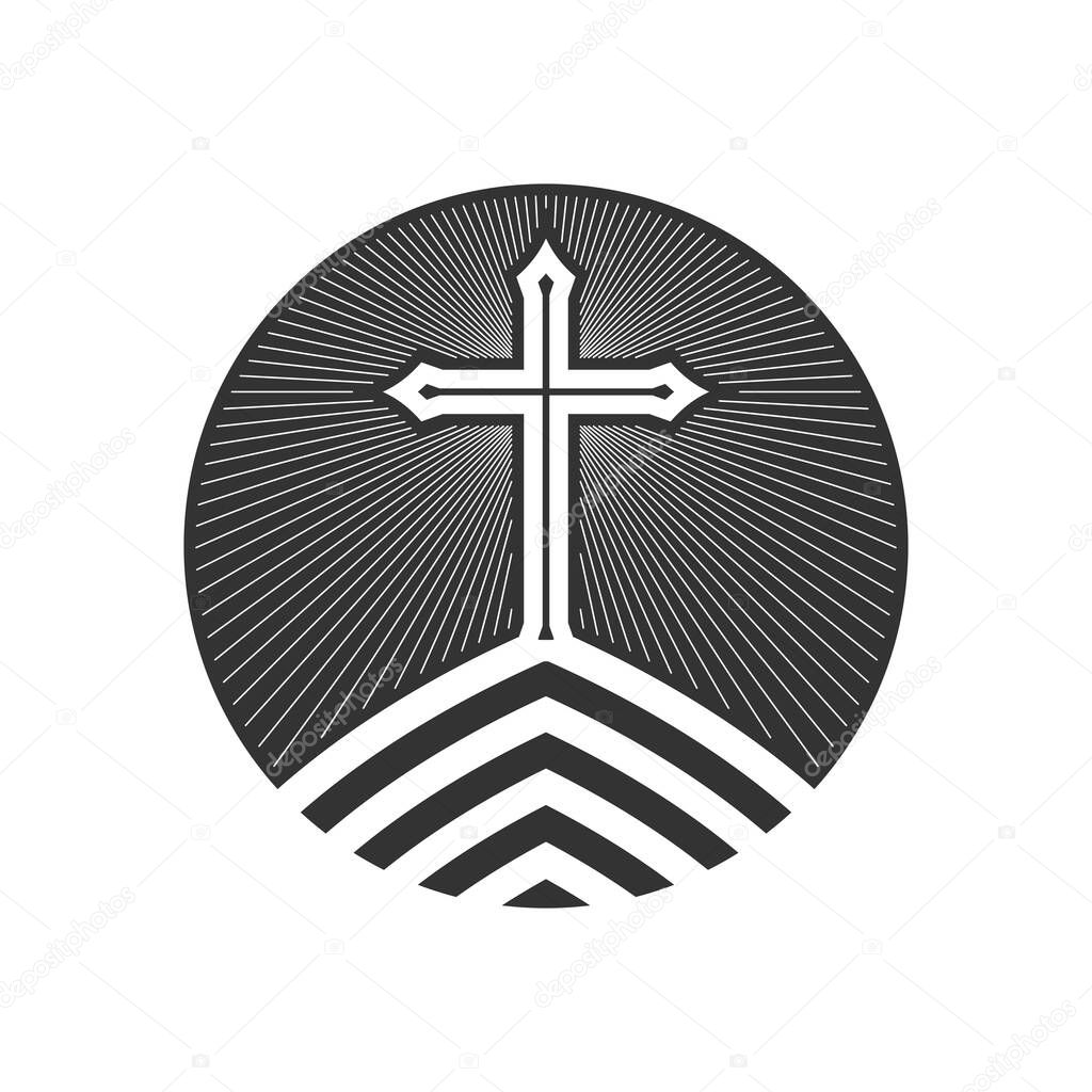 Christian illustration. Church logo. Cross of Jesus Christ on the mountain.