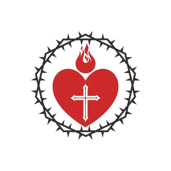 Christliche Illustration Kirchenlogo Das Herz Christi Und Die Flamme Des — Stockvektor