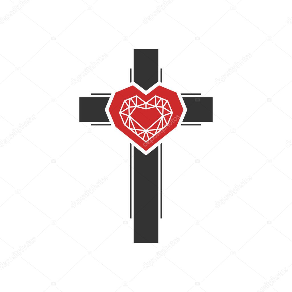 Christian illustration. Church logo. Diamonds inside the heart on the cross.