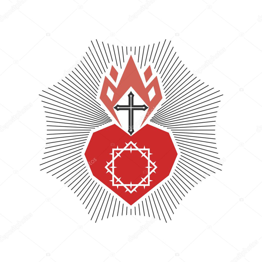 Christian illustration. Church logo. The heart of Christ and the flame of the Spirit.