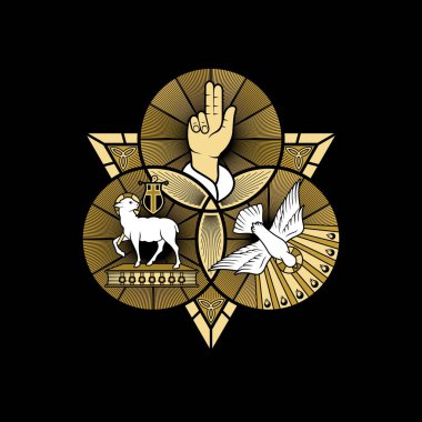 Hristiyan illüstrasyonu. Kutsal Üçlü 'nün görkemli mührü Baba, Oğul Tanrı ve Kutsal Ruh Tanrı. Tanrı 'nın sonsuzluğunun işaretleri - alfa ve omega.