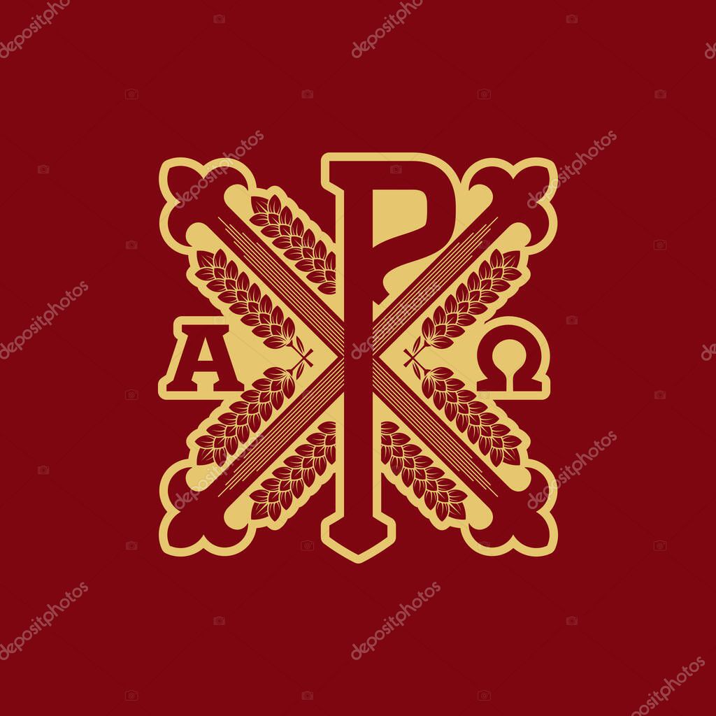 Christian illustration. Monogram of Jesus Christ - Chrismon. Golden ears and symbols of eternity are alpha and omega.