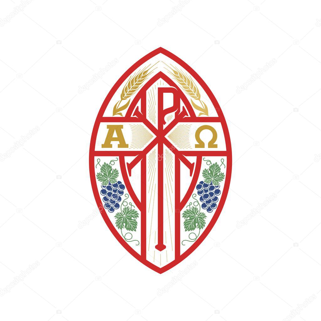 Christian illustration. Monogram of Jesus Christ - Chrismon. Wheat ears and a bunch of grapes are symbols of Christ and spiritual life. Alpha and omega symbols of eternity.