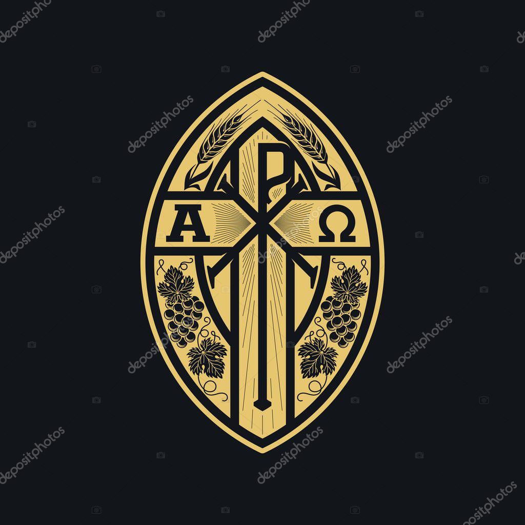 Christian illustration. Monogram of Jesus Christ - Chrismon. Wheat ears and a bunch of grapes are symbols of Christ and spiritual life. Alpha and omega symbols of eternity.