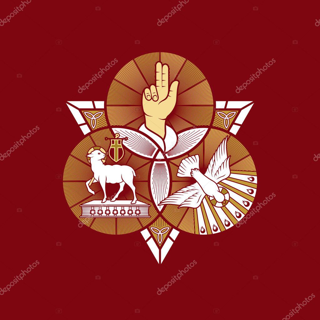 Christian illustration. The magnificent seal of the Holy Trinity: God the Father, God the Son and God the Holy Spirit. Indication of the symbols of the eternity of God - alpha and omega.