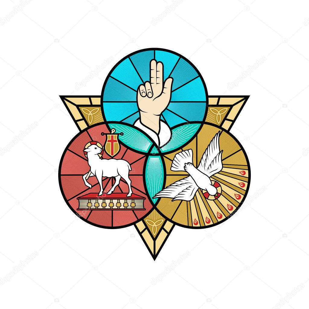 Christian illustration. The magnificent seal of the Holy Trinity: God the Father, God the Son and God the Holy Spirit. Indication of the symbols of the eternity of God - alpha and omega.