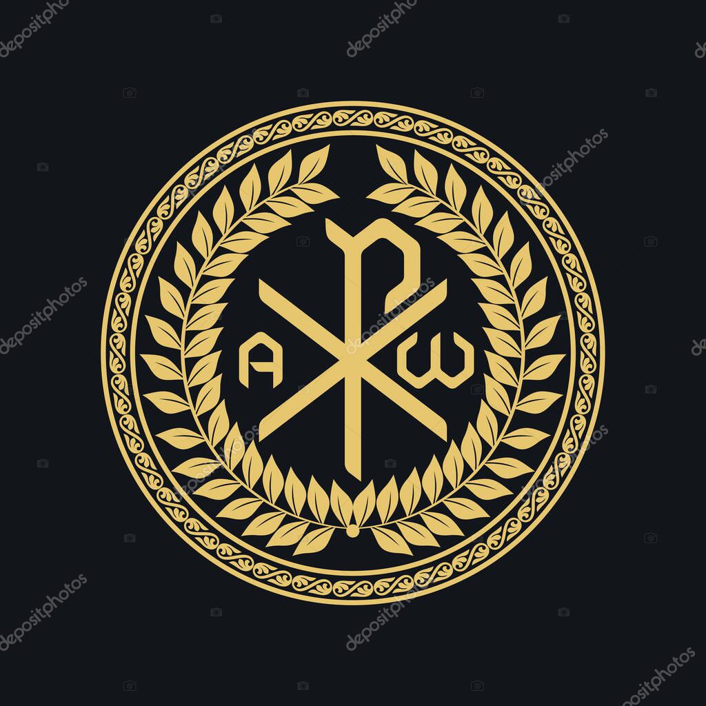 Christian illustration. Monogram of Jesus Christ - Chrismon. Gold wreath and symbols of eternity - alpha and omega.