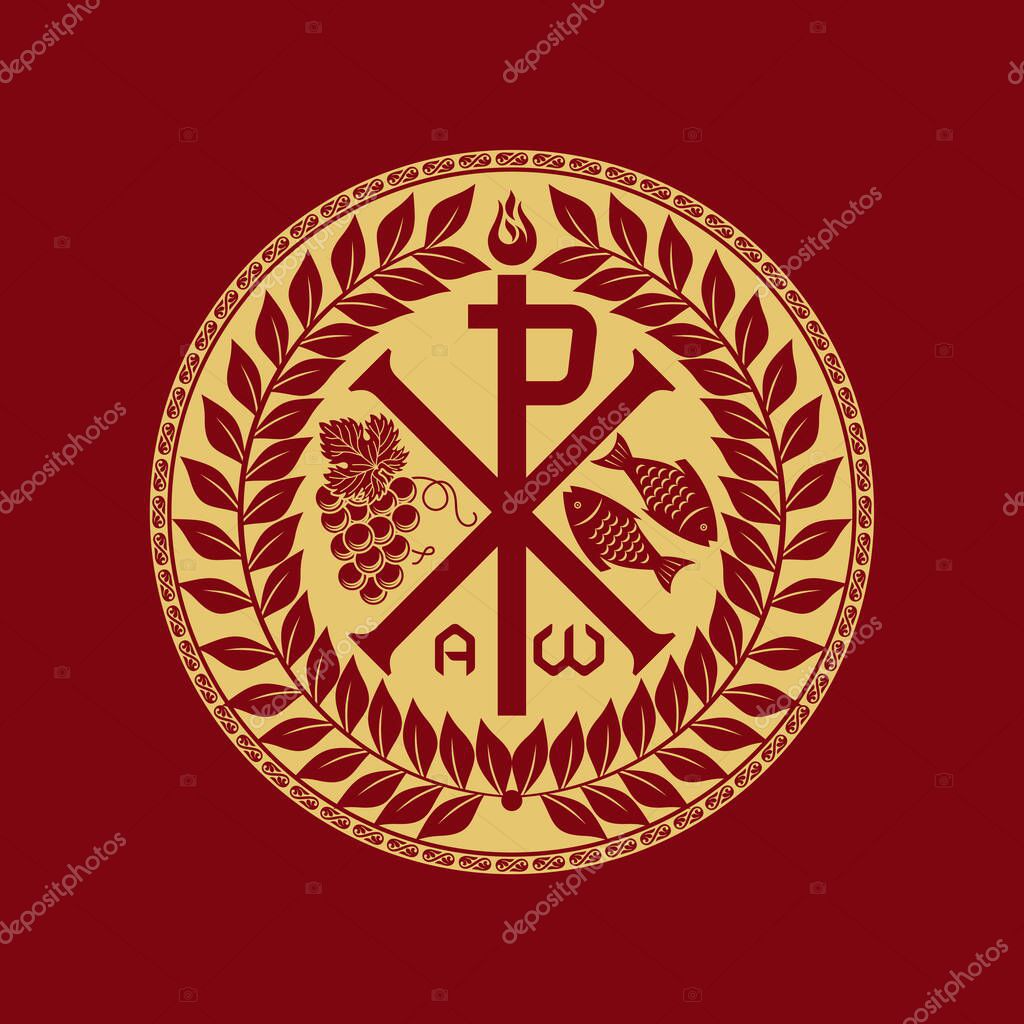 Christian illustration. Monogram of Jesus Christ - Chrismon. The fish and the bunch of grapes are symbols of Christ and spiritual life. Alpha and omega symbols of eternity.