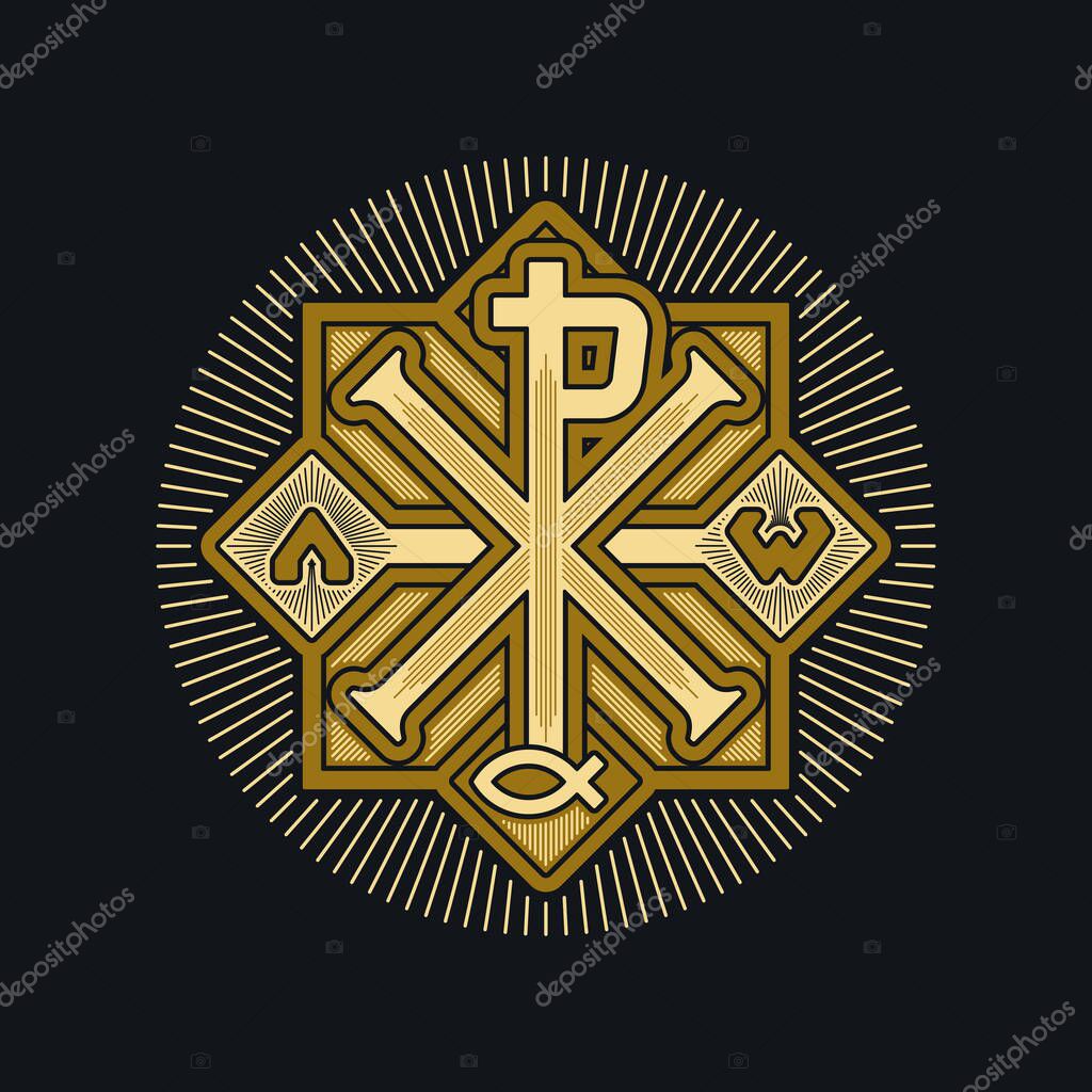 Christian illustration. Monogram of Jesus Christ - Chrismon. The symbols of eternity are alpha and omega. The sign of the fish is Jesus Christ, God the Son, Savior.