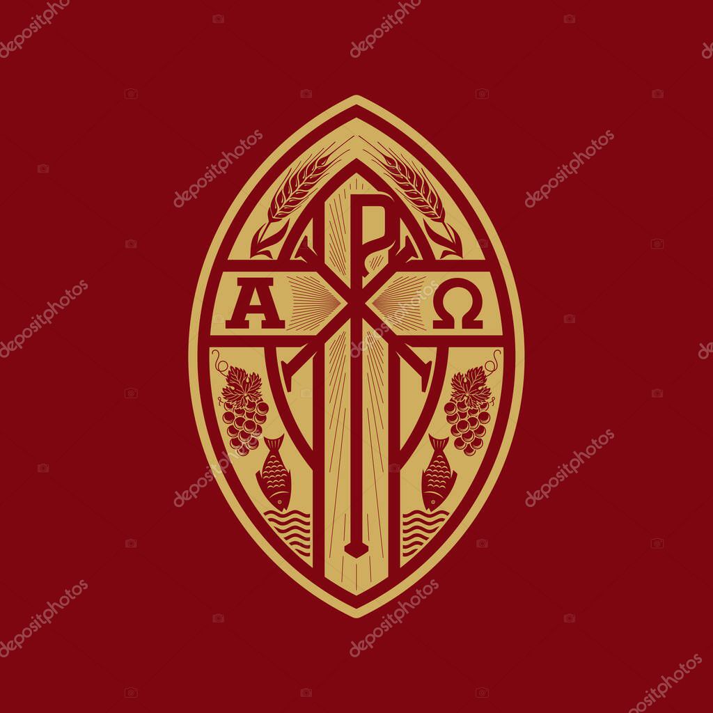 Christian illustration. Monogram of Jesus Christ - Chrismon. The fish and the bunch of grapes are symbols of Christ and spiritual life. Alpha and omega symbols of eternity.