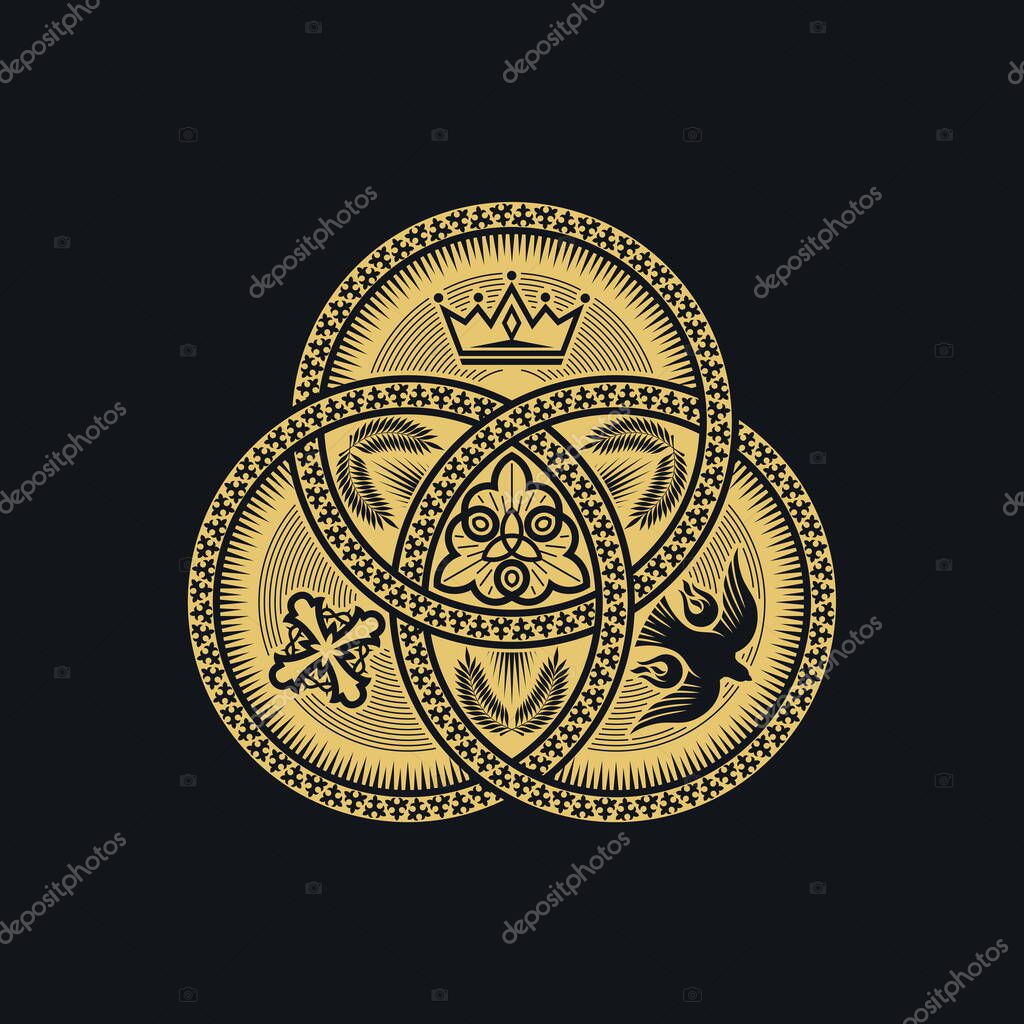 Christian illustration. The magnificent seal of the Holy Trinity: God the Father, God the Son and God the Holy Spirit. Indication of the symbols of the eternity of God - alpha and omega.