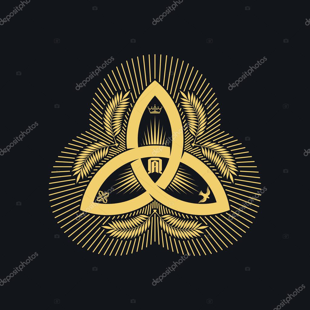 Christian illustration. The magnificent seal of the Holy Trinity: God the Father, God the Son and God the Holy Spirit. Indication of the symbols of the eternity of God - alpha and omega.