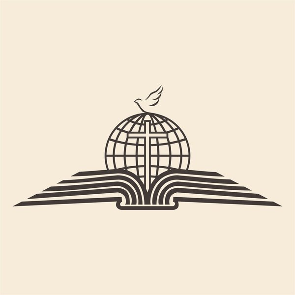 Голубь, крест, глобус, открытая Библия, икона
