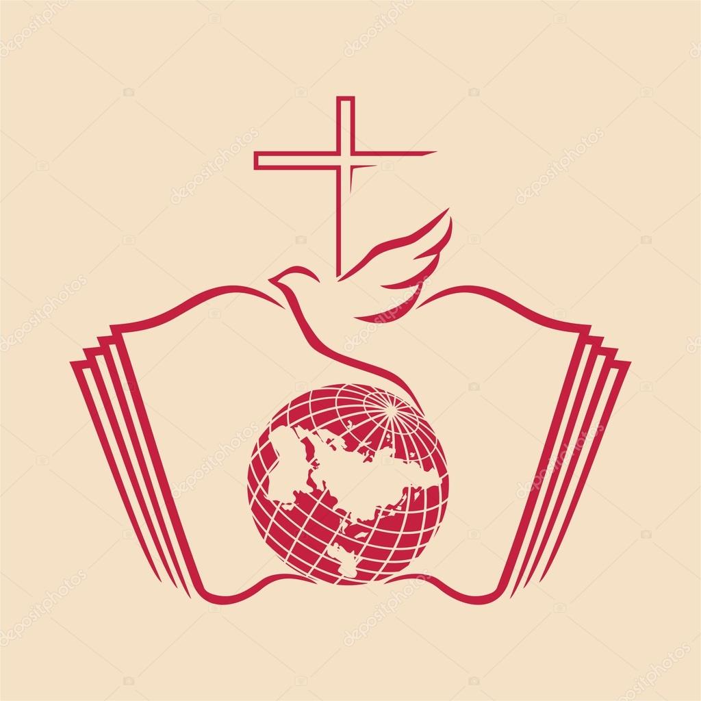 Dove, cross, globe, open Bible, icon
