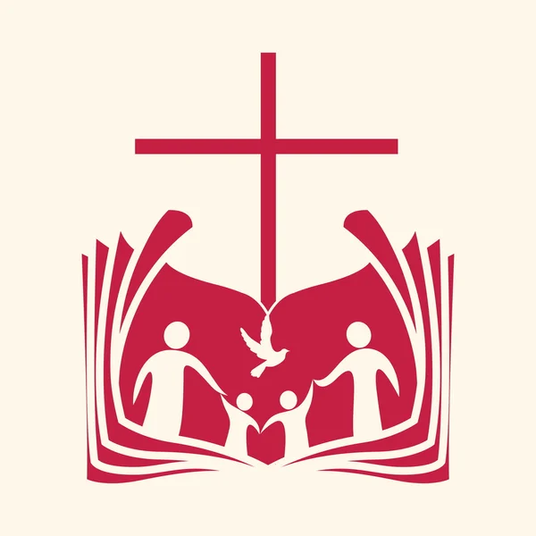 Kirchenlogo. Familie, offene Bibel, Kreuz und Taube. — Stockvektor