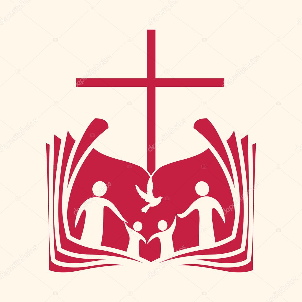 Church logo. Family, open bible, cross and dove Holy spirit.