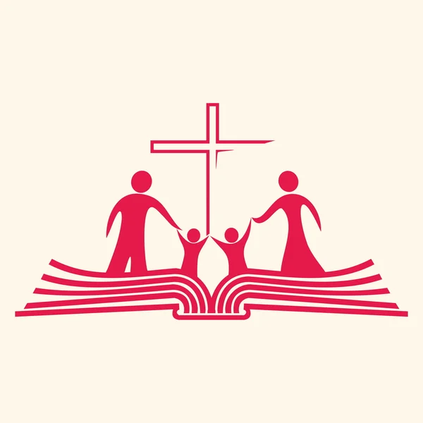 Familia de pie en las páginas de una Biblia y cruz icono — Vector de stock