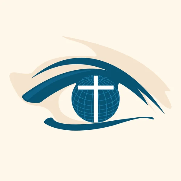 Mundo, globo, cruz, ojo, vista, visión, iglesia mundial, internacional. misiones, icono — Archivo Imágenes Vectoriales