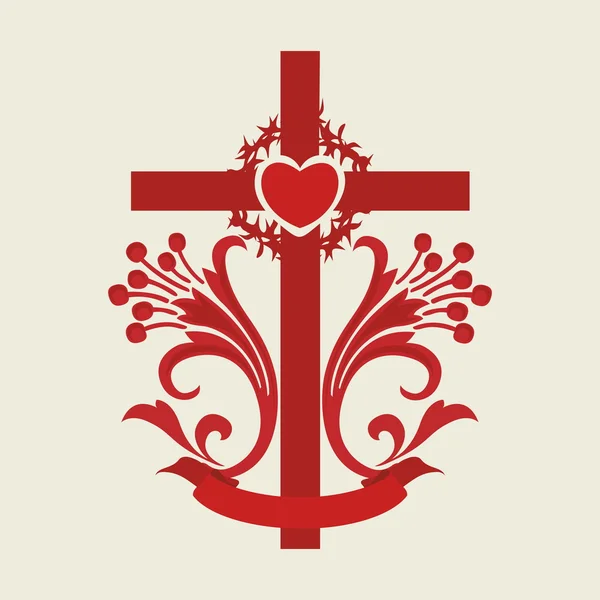 Cross, lelies, hart, rood, pictogram, kroon van doornen — Stockvector