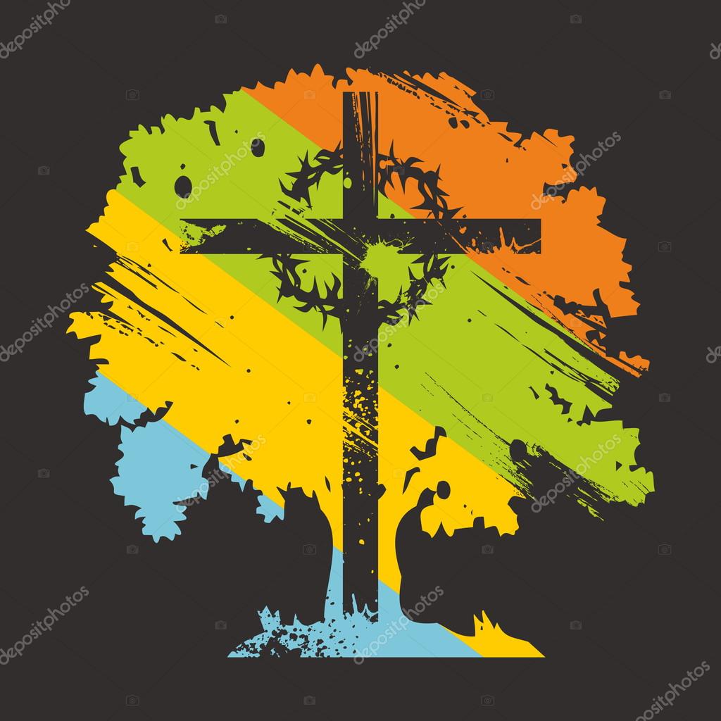 Cross, crown of thorns, on colorful tree