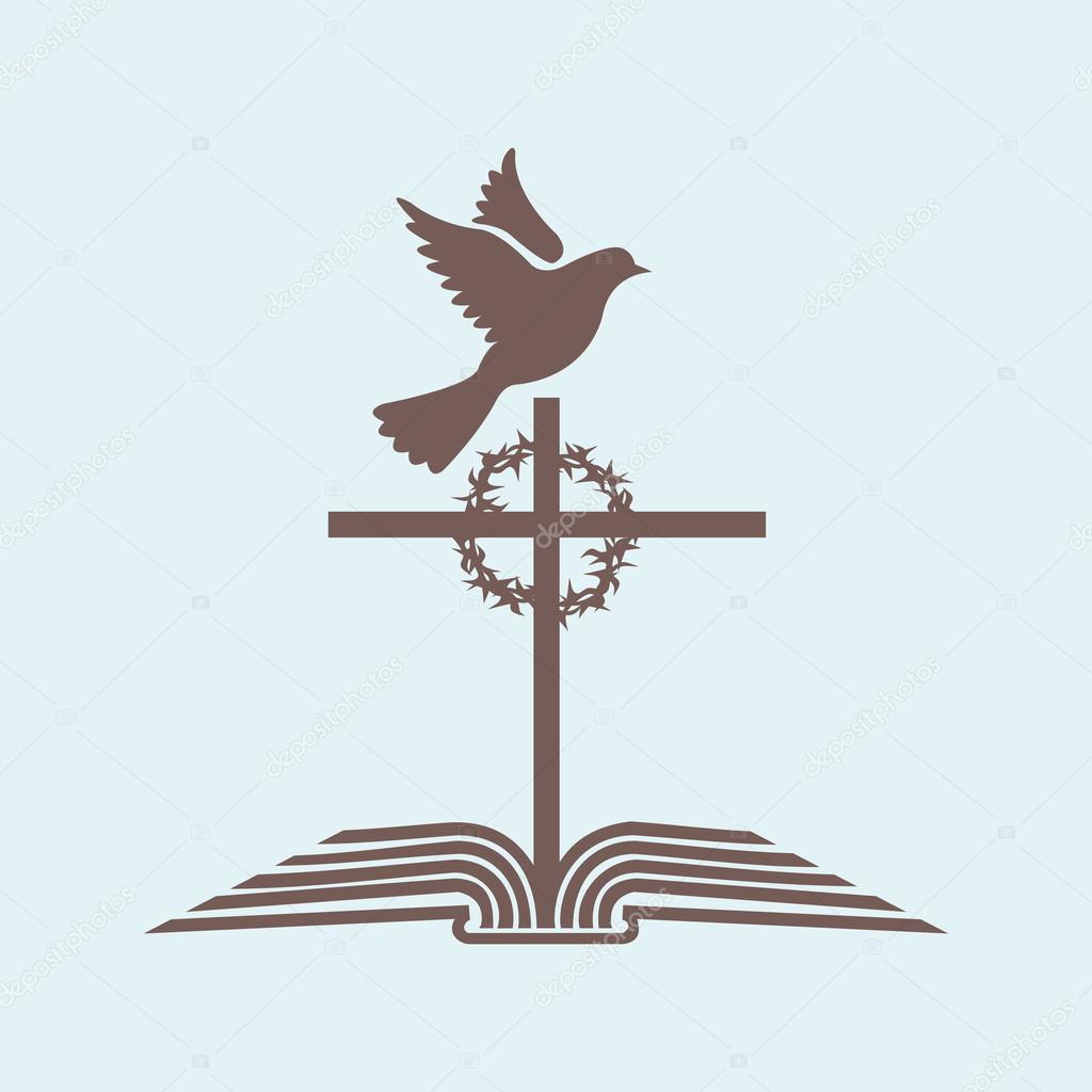 Dove, cross, crown of thorns, bible