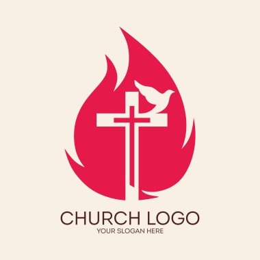 Kilise logosunu görmeniz gerekir. Cross, alevler, güvercin, Şavuot, simge, simge, kutsal ruh, yangın