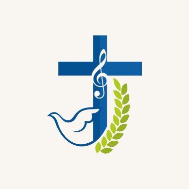 Church logo. Fig, dove, cross, music note, music, icon, blue clipart