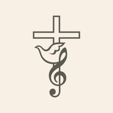 Church logo. Worship music, music, key, G cleft, dove, cross, icon clipart
