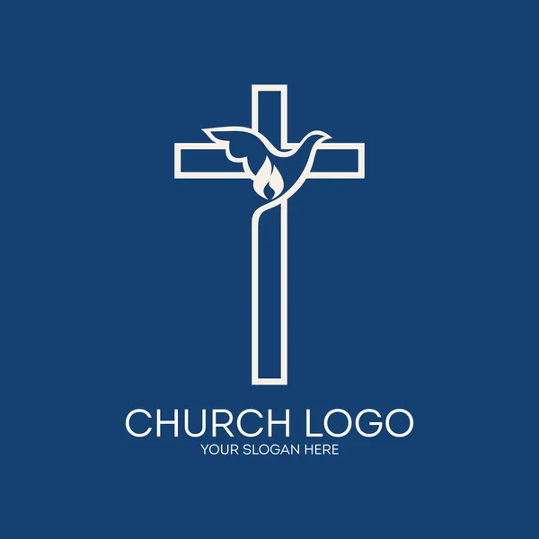 Logotipo da igreja. Pomba, cruz, chama, ícone — Vetor de Stock