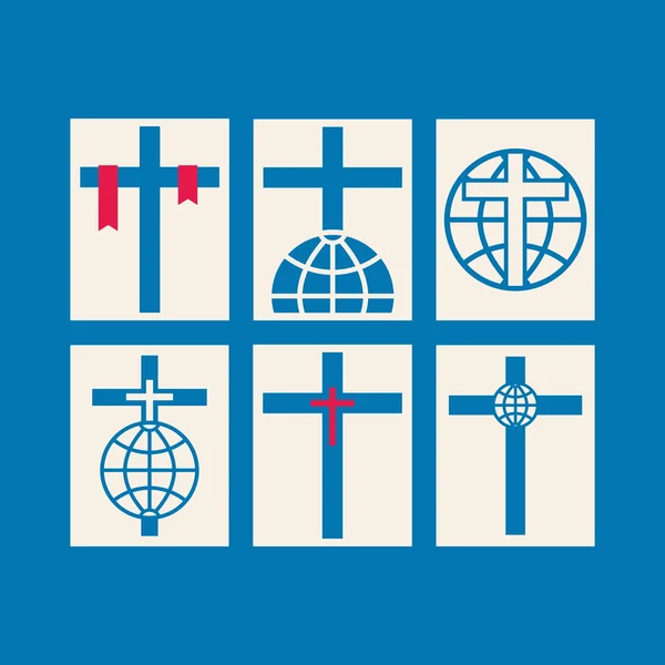 Juego de logotipo de la iglesia. Cruces con globos, misiones, icono — Archivo Imágenes Vectoriales