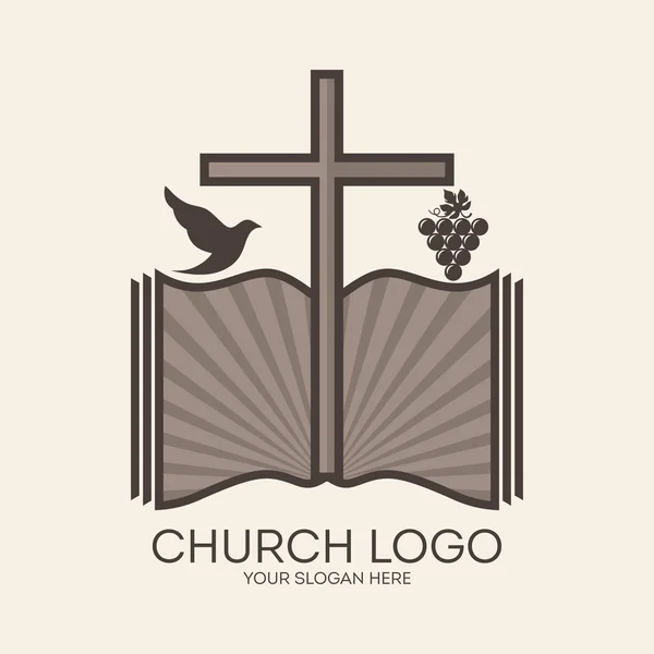 Church logo. Cross, dove, grapes, Bible, icon — Stock Vector