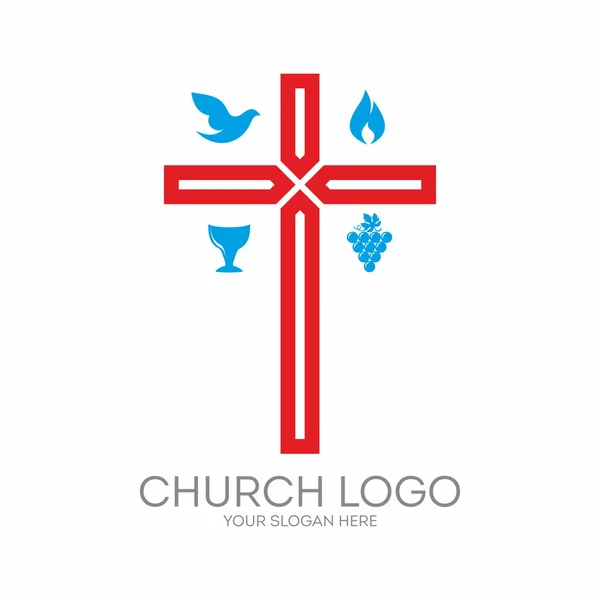 Kerk logo. Cross, duif, druiven, rood, blauw, vlam, kelk — Stockvector