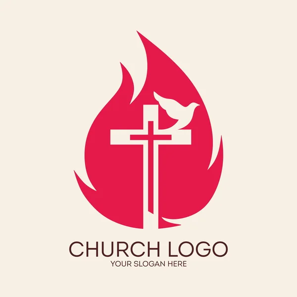 Logotipo da igreja. Cruz, chamas, pomba, Pentecostes, símbolo, ícone, espírito santo, fogo —  Vetores de Stock