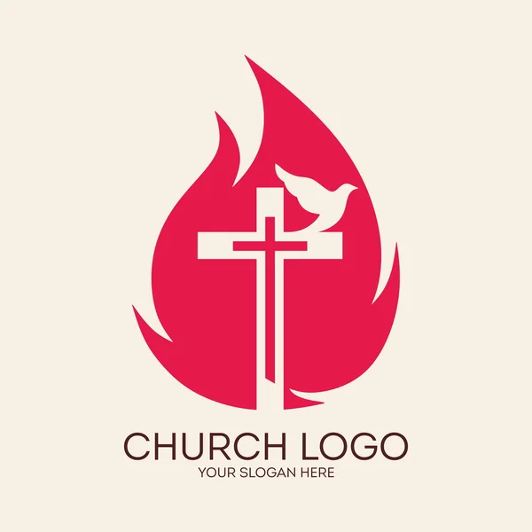 Logo della Chiesa. Croce, fiamme, colomba, Pentecoste, simbolo, icona, Spirito Santo, fuoco — Vettoriale Stock