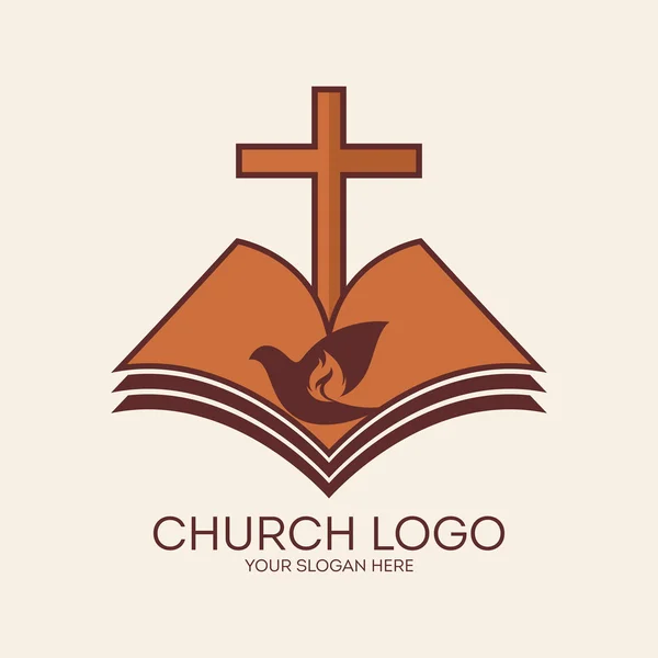 Logotipo da igreja. Chama, cruz, pomba, Bíblia, religião, cristianismo, símbolo, ícone, vermelho, laranja — Vetor de Stock