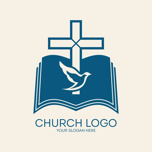 Logo della Chiesa. Croce, colomba, Bibbia, religione, cristianesimo, simbolo, icona, blu — Vettoriale Stock