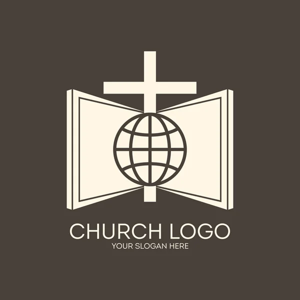 Logo de la iglesia. Misiones, marrón, globo, Biblia, cruz, icono — Vector de stock