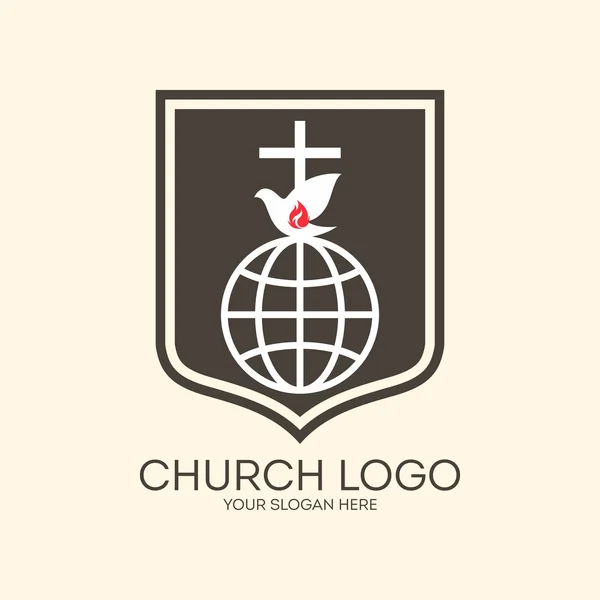 Church logo. Missions, globe, dove, cross, Christianity, icon, flame, shield — Stock Vector