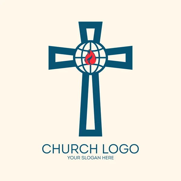 Logo de la iglesia. Llama, misiones, azul, rojo, globo, cruz, icono — Vector de stock