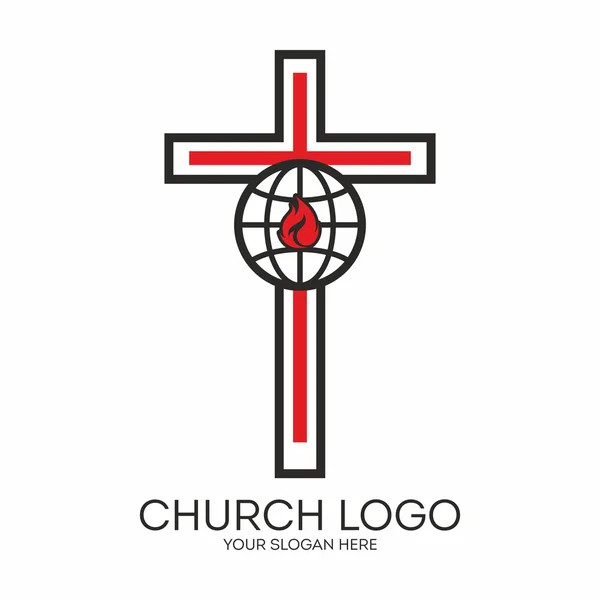 Kerk logo. Kruis, globe, rood, zwart, vlam, missies, pictogram — Stockvector