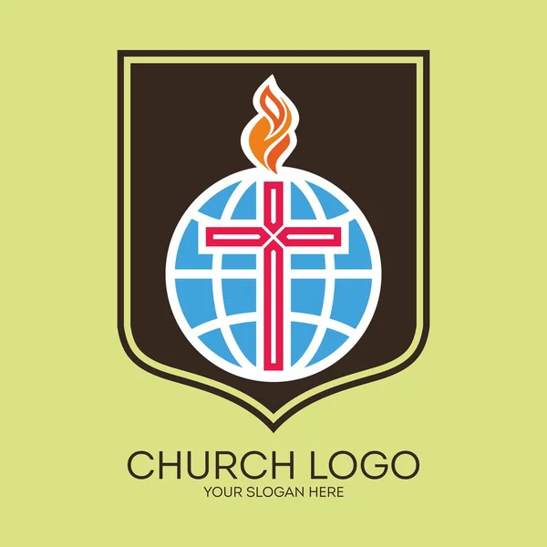 Kościół logo. Płomień, Tarcza, Krzyż, glob, ikona, symbol, misje — Wektor stockowy